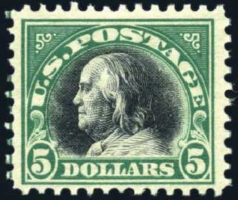Values of US Stamps Scott Cat. 524: 1918 US$5.00 Franklin Perf 11. Harmer-Schau Auction Galleries, Jul 2010, Sale 86, Lot 555
