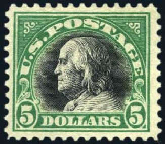 Cost of US Stamp Scott Catalogue # 524: US$5.00 1918 Franklin Perf 11. Harmer-Schau Auction Galleries, Oct 2010, Sale 87, Lot 325