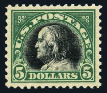 Value of US Stamps Scott Cat. 524: 1918 US$5.00 Franklin Perf 11. Harmer-Schau Auction Galleries, Aug 2014, Sale 102, Lot 2062