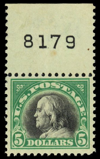 US Stamps Values Scott #524 - US$5.00 1918 Franklin Perf 11. Daniel Kelleher Auctions, Dec 2013, Sale 640, Lot 442