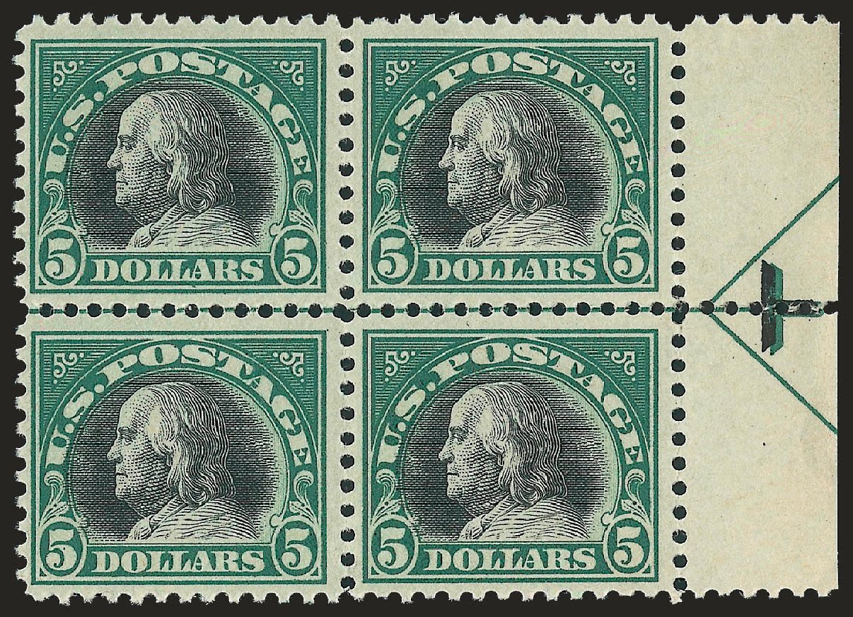 Values of US Stamp Scott Catalogue #524 - 1918 US$5.00 Franklin Perf 11. Robert Siegel Auction Galleries, Sep 2009, Sale 976, Lot 2112