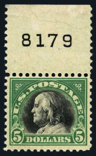 US Stamp Values Scott 524 - US$5.00 1918 Franklin Perf 11. Harmer-Schau Auction Galleries, Aug 2014, Sale 102, Lot 2063