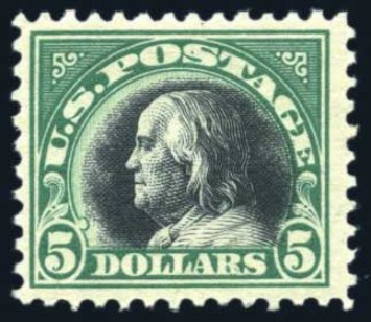 US Stamp Values Scott Catalog # 524 - 1918 US$5.00 Franklin Perf 11. Harmer-Schau Auction Galleries, Jun 2008, Sale 78, Lot 1613