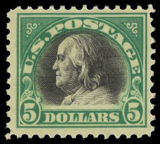 Cost of US Stamps Scott #524 - US$5.00 1918 Franklin Perf 11. Daniel Kelleher Auctions, Dec 2014, Sale 661, Lot 403