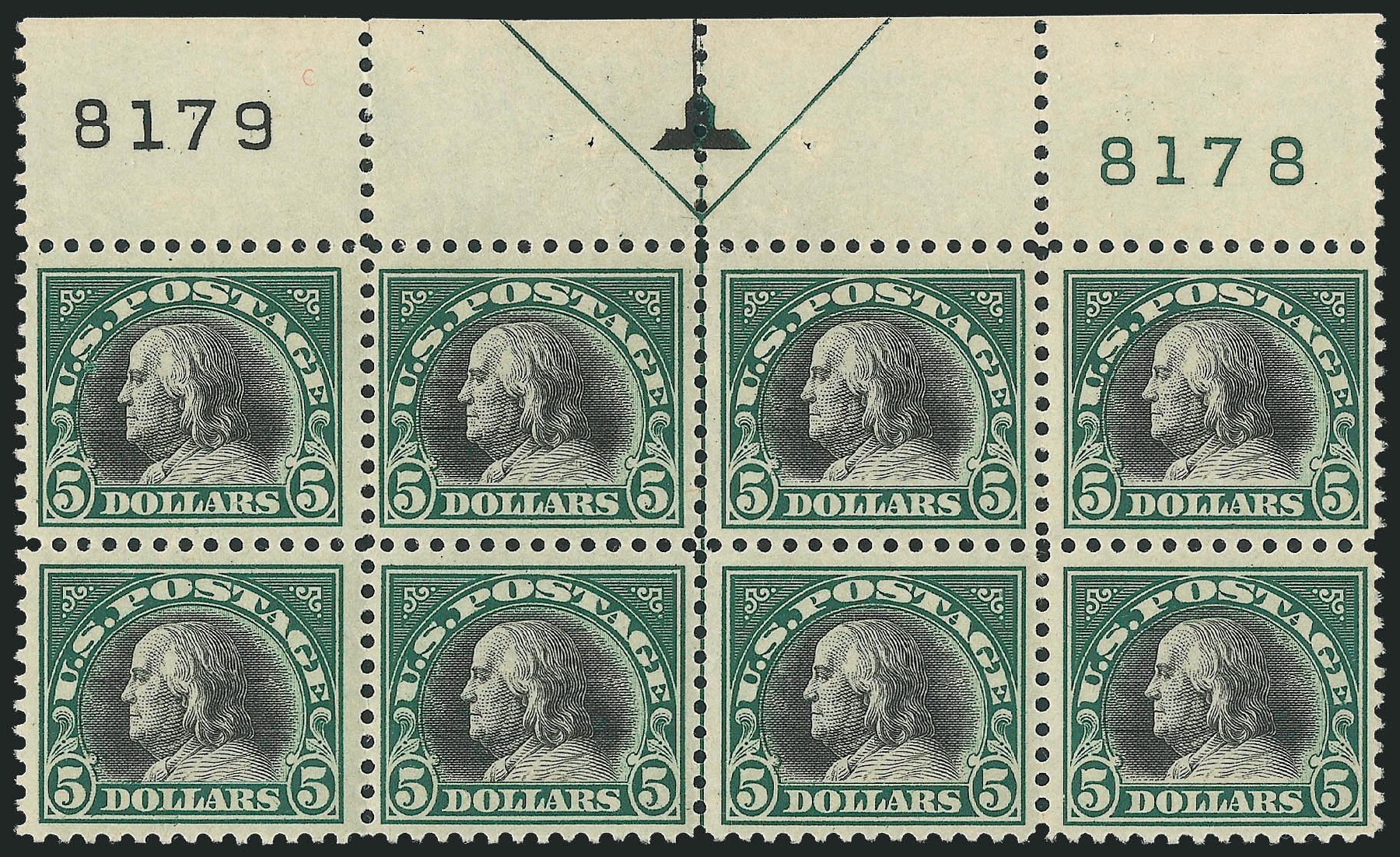 Value of US Stamps Scott 524 - 1918 US$5.00 Franklin Perf 11. Robert Siegel Auction Galleries, Mar 2013, Sale 1040, Lot 1923