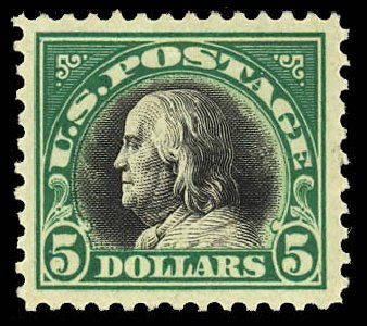 Cost of US Stamp Scott # 524: US$5.00 1918 Franklin Perf 11. Daniel Kelleher Auctions, Dec 2012, Sale 633, Lot 906