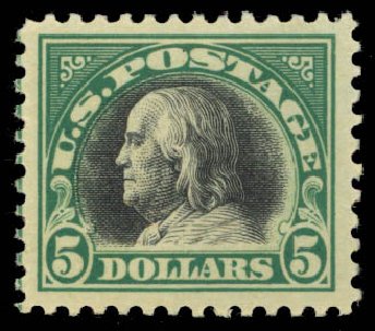 Cost of US Stamps Scott Cat. # 524: US$5.00 1918 Franklin Perf 11. Daniel Kelleher Auctions, Oct 2014, Sale 660, Lot 2416