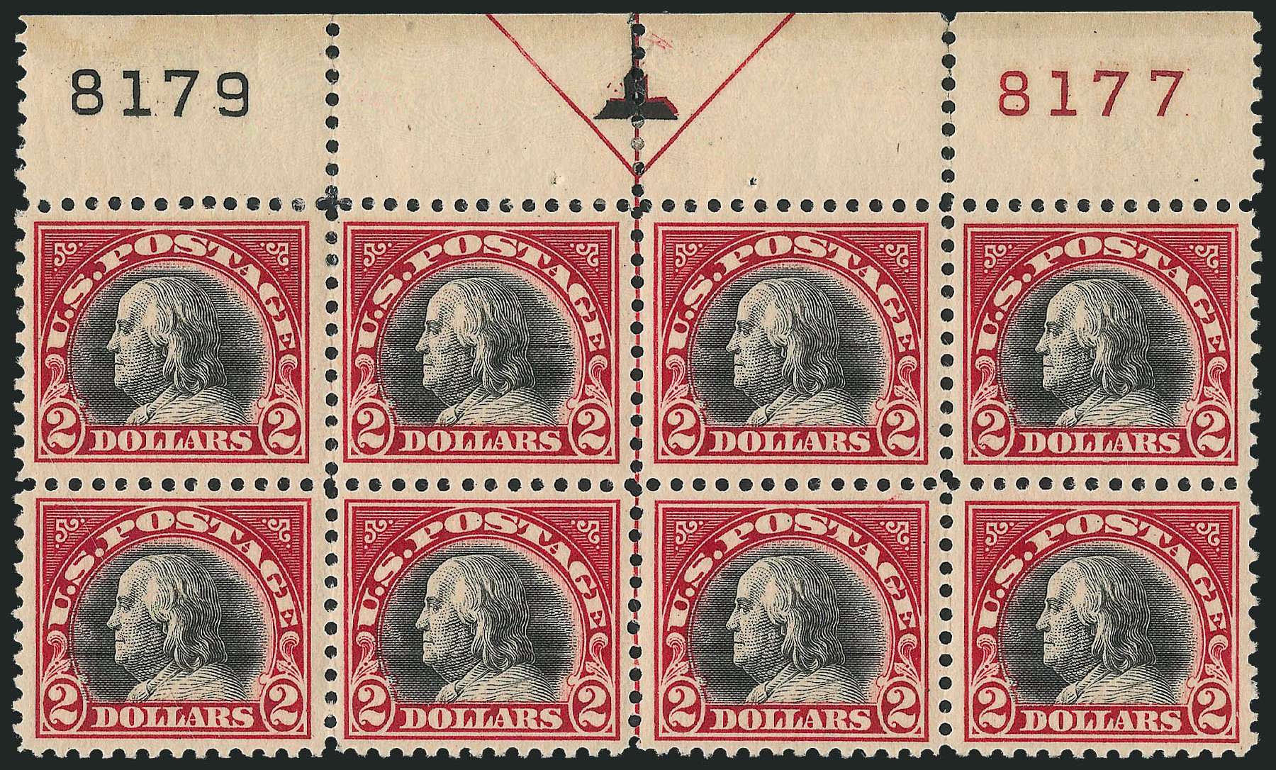 Value of US Stamp Scott Catalog #547: 1920 US$2.00 Franklin Flat Plate Perf 11. Robert Siegel Auction Galleries, Jul 2014, Sale 1077, Lot 318