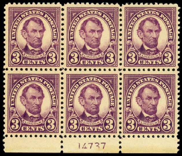 US Stamp Values Scott Catalog 555: 3c 1923 Lincoln Perf 11. Daniel Kelleher Auctions, Mar 2013, Sale 635, Lot 672