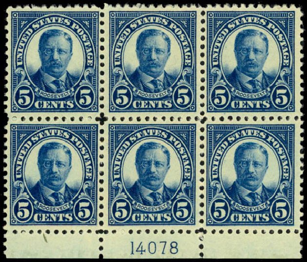 Values of US Stamp Scott Catalogue #557 - 5c 1923 Roosevelt Perf 11. Daniel Kelleher Auctions, Mar 2013, Sale 635, Lot 682