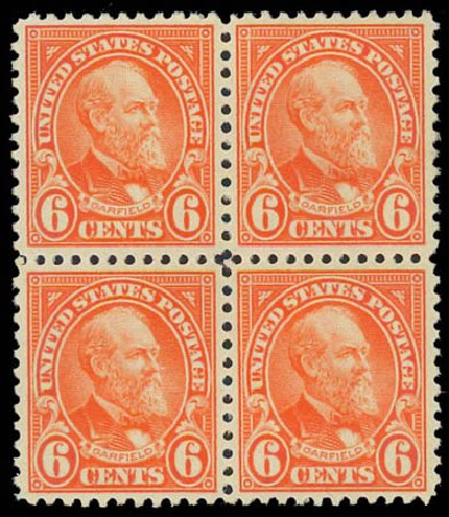 Values of US Stamp Scott Catalog 558 - 6c 1923 Garfield Perf 11. Daniel Kelleher Auctions, Oct 2011, Sale 626, Lot 431