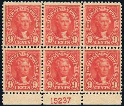 Values of US Stamp Scott Catalogue 561: 1923 9c Jefferson Perf 11. Harmer-Schau Auction Galleries, May 2013, Sale 97, Lot 400