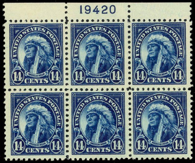 Values of US Stamps Scott Cat. 565 - 14c 1923 American Indian Perf 11. Daniel Kelleher Auctions, Mar 2013, Sale 635, Lot 705