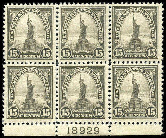 Values of US Stamp Scott 566: 1923 15c Statue of Liberty Perf 11. Matthew Bennett International, Jun 2008, Sale 328, Lot 1047