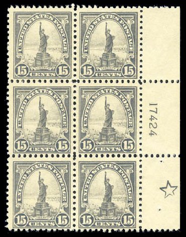 Values of US Stamps Scott #566 - 15c 1923 Statue of Liberty Perf 11. Matthew Bennett International, Sep 2010, Sale 333, Lot 3797