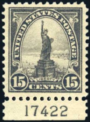US Stamps Price Scott Cat. #566 - 15c 1923 Statue of Liberty Perf 11. Harmer-Schau Auction Galleries, Oct 2010, Sale 87, Lot 328