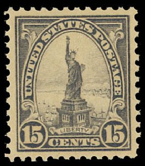 Values of US Stamps Scott 566 - 15c 1923 Statue of Liberty Perf 11. Daniel Kelleher Auctions, Jun 2012, Sale 630, Lot 1908