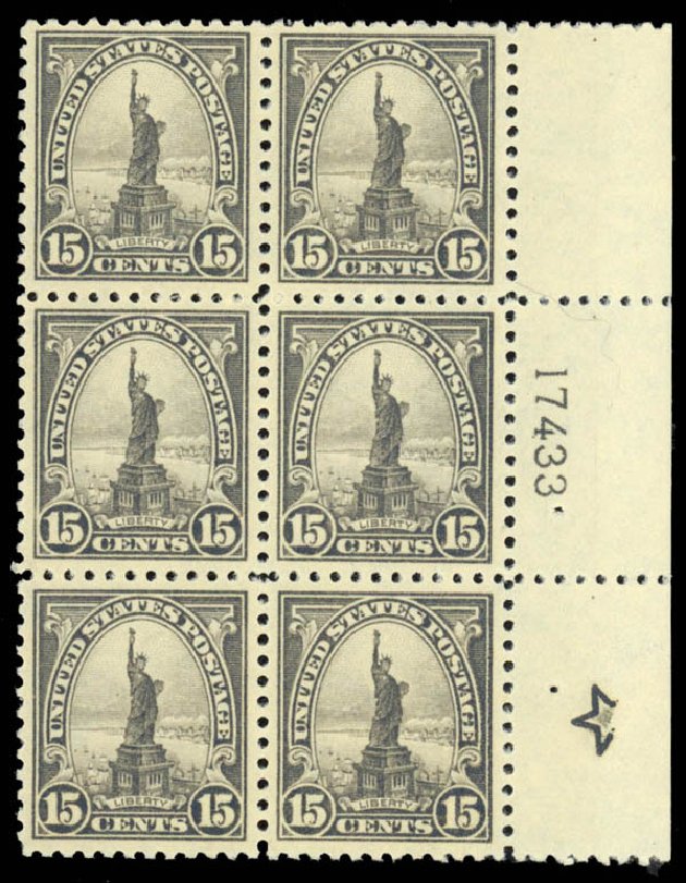 Values of US Stamp Scott Catalog 566: 15c 1923 Statue of Liberty Perf 11. Daniel Kelleher Auctions, Mar 2014, Sale 648, Lot 2258