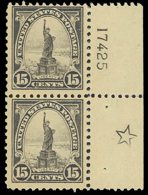 US Stamp Values Scott Catalogue # 566 - 15c 1923 Statue of Liberty Perf 11. Daniel Kelleher Auctions, Aug 2012, Sale 631, Lot 1310