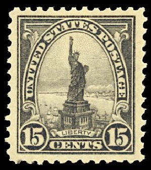 Value of US Stamp Scott Catalog #566 - 1923 15c Statue of Liberty Perf 11. Daniel Kelleher Auctions, Dec 2012, Sale 633, Lot 940