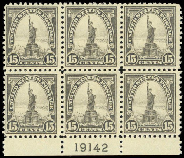 Value of US Stamps Scott Catalog # 566 - 1923 15c Statue of Liberty Perf 11. Daniel Kelleher Auctions, Mar 2013, Sale 635, Lot 710