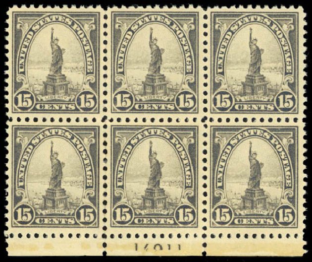 US Stamp Value Scott Cat. # 566 - 15c 1923 Statue of Liberty Perf 11. Daniel Kelleher Auctions, Mar 2013, Sale 635, Lot 711