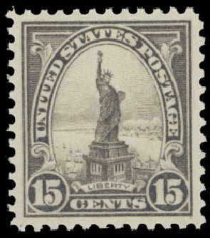 Costs of US Stamp Scott Catalogue #566 - 15c 1923 Statue of Liberty Perf 11. Daniel Kelleher Auctions, May 2015, Sale 669, Lot 3144