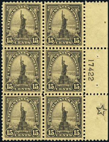 Values of US Stamp Scott Catalog # 566 - 1923 15c Statue of Liberty Perf 11. Harmer-Schau Auction Galleries, Jan 2013, Sale 96, Lot 595