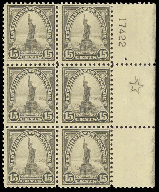US Stamp Prices Scott 566 - 1923 15c Statue of Liberty Perf 11. Daniel Kelleher Auctions, Aug 2012, Sale 631, Lot 1313