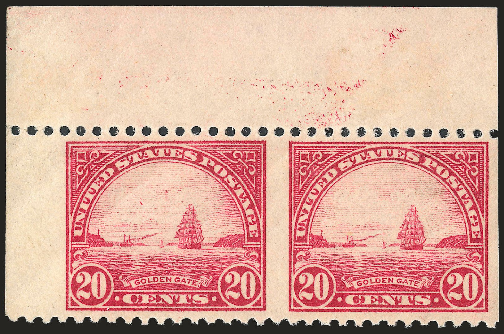 US Stamp Values Scott Catalog 567 - 20c 1923 Golden Gate Perf 11. Robert Siegel Auction Galleries, Jun 2010, Sale 992, Lot 2533