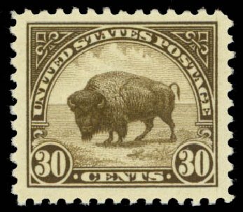 Costs of US Stamps Scott Catalogue #569 - 30c 1923 American Buffalo Perf 11. Daniel Kelleher Auctions, Oct 2014, Sale 660, Lot 2438