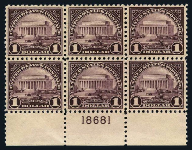 Value of US Stamps Scott Catalogue # 571: 1923 US$1.00 Lincoln Memorial Perf 11. Harmer-Schau Auction Galleries, Aug 2014, Sale 102, Lot 2087