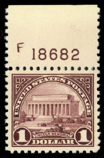 Values of US Stamp Scott #571 - 1923 US$1.00 Lincoln Memorial Perf 11. Daniel Kelleher Auctions, Mar 2013, Sale 635, Lot 727
