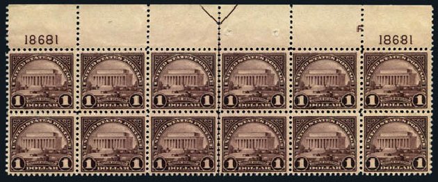 US Stamps Value Scott Catalogue # 571: US$1.00 1923 Lincoln Memorial Perf 11. Harmer-Schau Auction Galleries, Aug 2014, Sale 102, Lot 2088