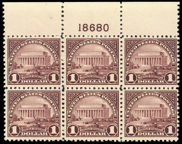 US Stamp Prices Scott 571 - 1923 US$1.00 Lincoln Memorial Perf 11. Daniel Kelleher Auctions, Mar 2013, Sale 635, Lot 728