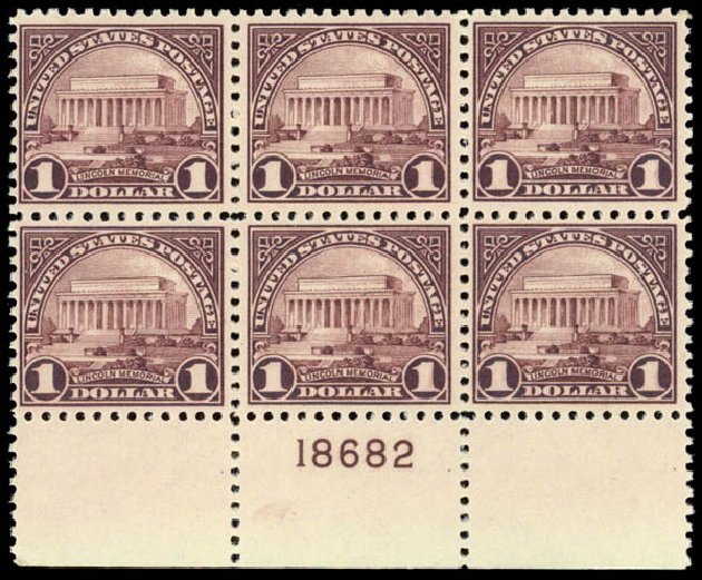 US Stamp Values Scott # 571: 1923 US$1.00 Lincoln Memorial Perf 11. Daniel Kelleher Auctions, Sep 2014, Sale 655, Lot 768