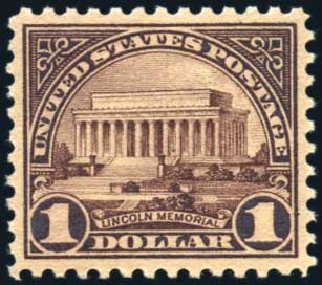 Value of US Stamps Scott Catalogue #571: 1923 US$1.00 Lincoln Memorial Perf 11. Harmer-Schau Auction Galleries, Oct 2010, Sale 87, Lot 329