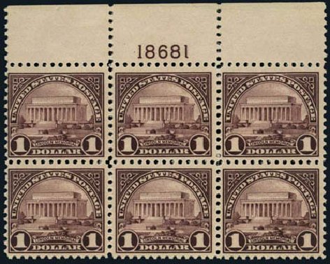 Values of US Stamps Scott # 571: US$1.00 1923 Lincoln Memorial Perf 11. Harmer-Schau Auction Galleries, Oct 2011, Sale 91, Lot 289