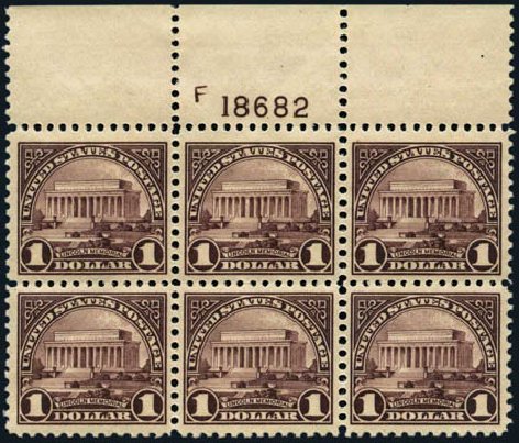 Cost of US Stamps Scott Catalog # 571: 1923 US$1.00 Lincoln Memorial Perf 11. Harmer-Schau Auction Galleries, Jan 2013, Sale 96, Lot 599