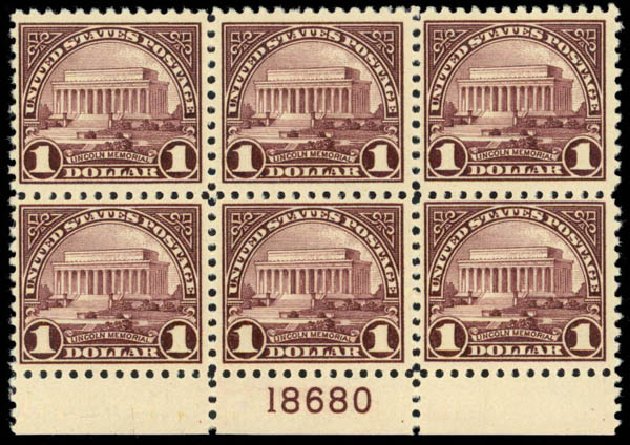 Costs of US Stamps Scott Cat. #571: US$1.00 1923 Lincoln Memorial Perf 11. Daniel Kelleher Auctions, Mar 2013, Sale 635, Lot 729