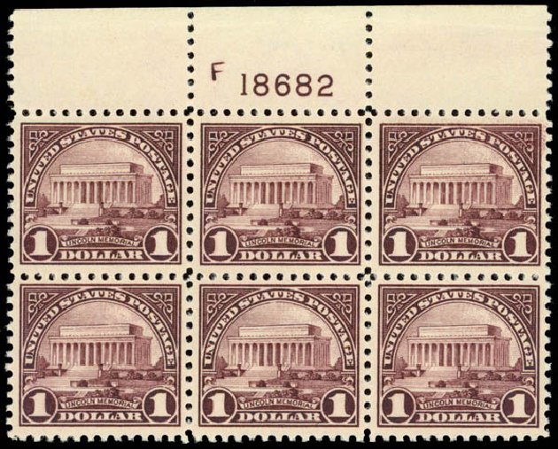 Cost of US Stamp Scott Catalog #571: US$1.00 1923 Lincoln Memorial Perf 11. Daniel Kelleher Auctions, Sep 2013, Sale 639, Lot 3679