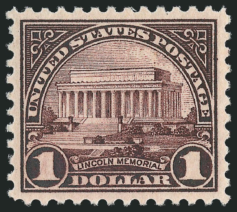 US Stamp Value Scott Catalogue 571 - 1923 US$1.00 Lincoln Memorial Perf 11. Robert Siegel Auction Galleries, Jul 2013, Sale 1050, Lot 649