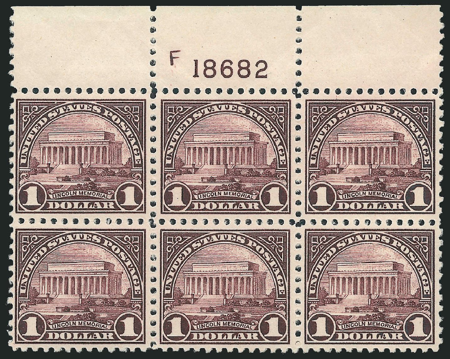 Values of US Stamp Scott Catalog 571 - 1923 US$1.00 Lincoln Memorial Perf 11. Robert Siegel Auction Galleries, Apr 2009, Sale 971, Lot 1849