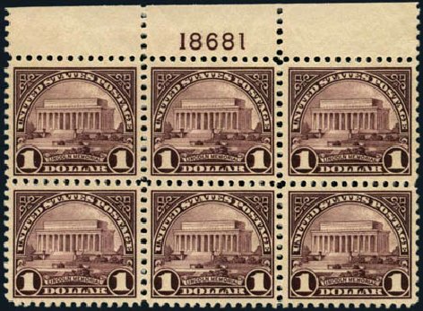 Values of US Stamp Scott #571: US$1.00 1923 Lincoln Memorial Perf 11. Harmer-Schau Auction Galleries, Jan 2013, Sale 96, Lot 600