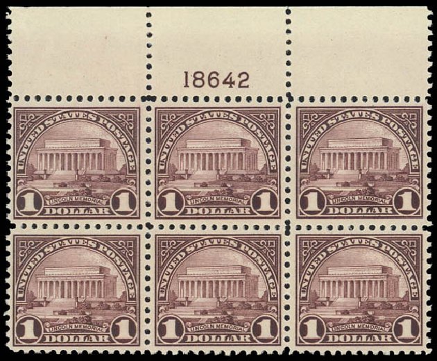US Stamps Prices Scott Catalogue 571 - 1923 US$1.00 Lincoln Memorial Perf 11. Daniel Kelleher Auctions, Apr 2012, Sale 629, Lot 400