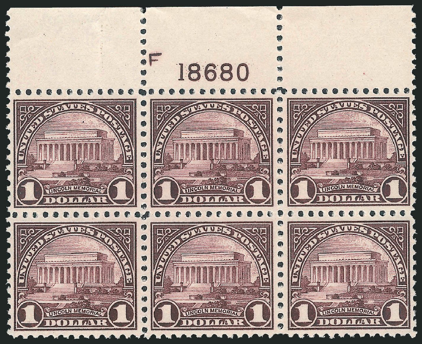 US Stamps Prices Scott Catalog 571: 1923 US$1.00 Lincoln Memorial Perf 11. Robert Siegel Auction Galleries, Dec 2012, Sale 1037, Lot 2130