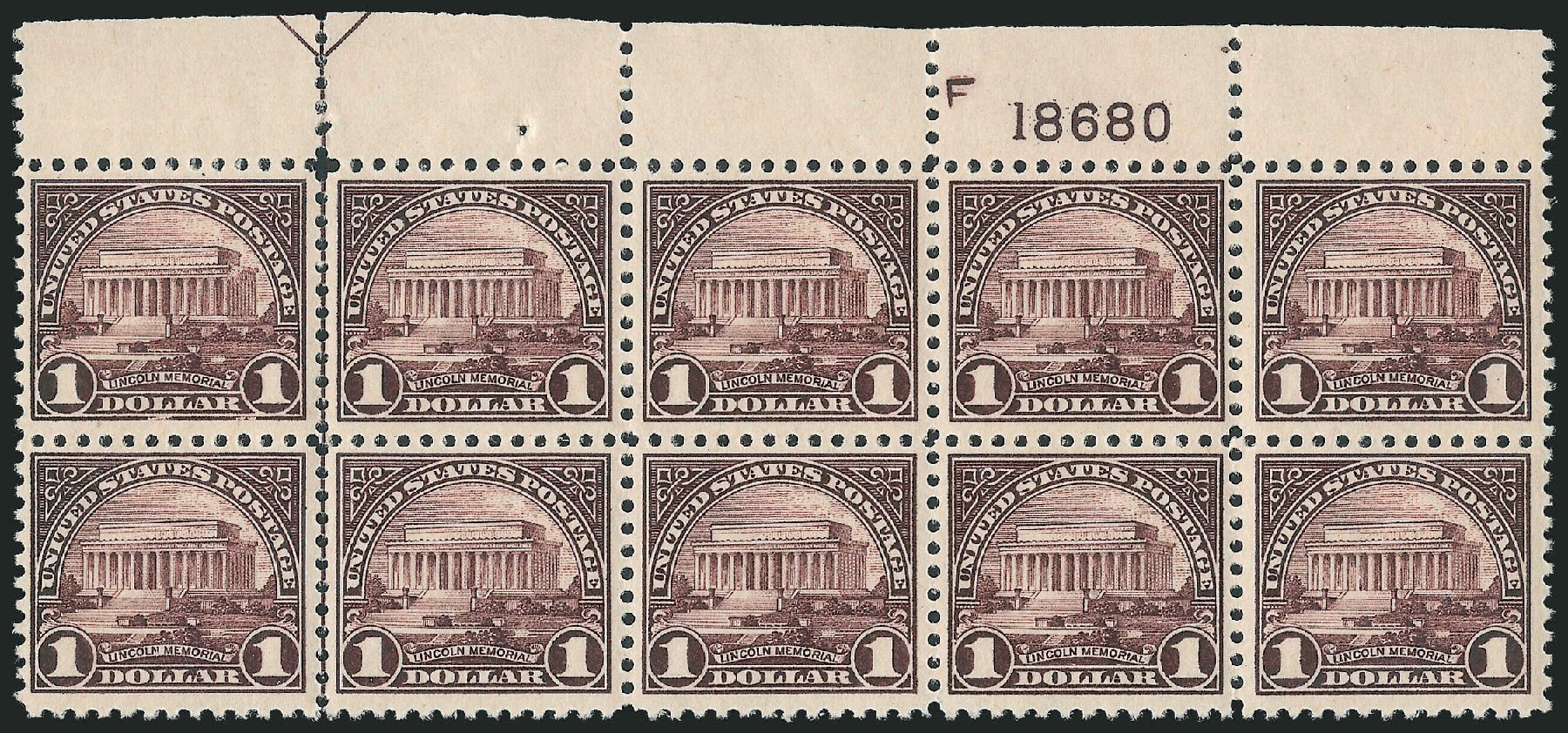 US Stamps Prices Scott Cat. #571 - US$1.00 1923 Lincoln Memorial Perf 11. Robert Siegel Auction Galleries, Jul 2013, Sale 1050, Lot 650