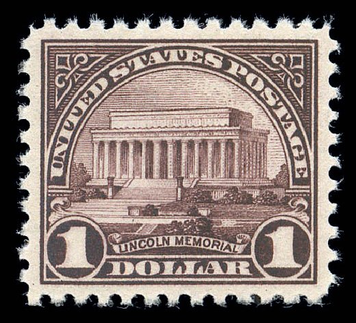Prices of US Stamps Scott 571 - 1923 US$1.00 Lincoln Memorial Perf 11. Matthew Bennett International, Sep 2010, Sale 333, Lot 3801