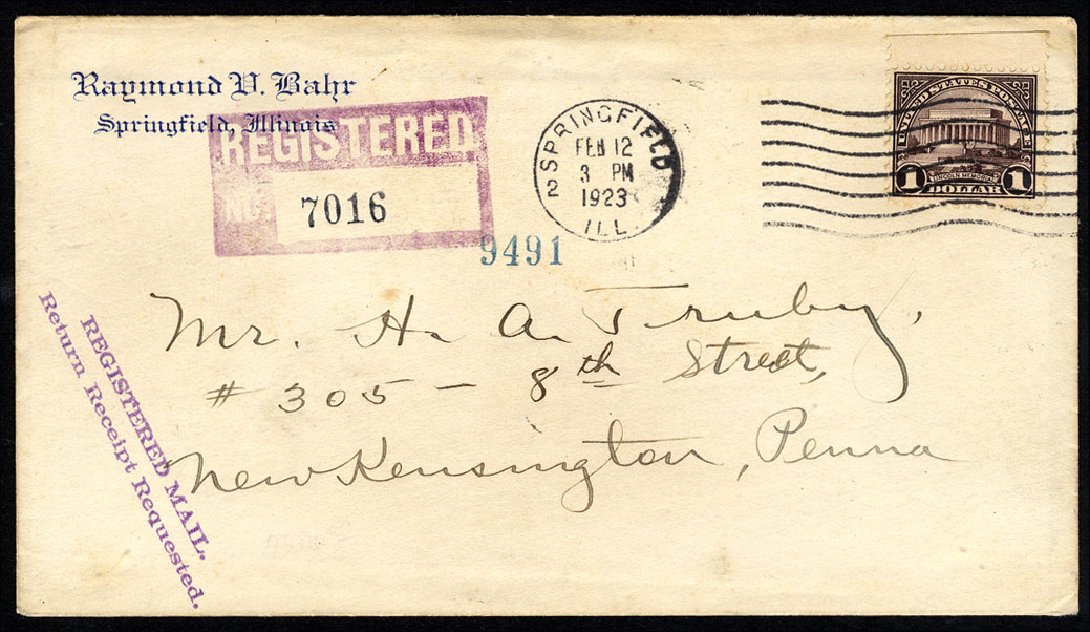 US Stamps Prices Scott Catalog 571 - US$1.00 1923 Lincoln Memorial Perf 11. Cherrystone Auctions, Nov 2013, Sale 201311, Lot 81