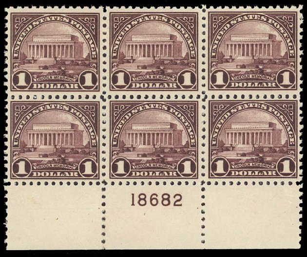 Values of US Stamps Scott Cat. 571 - US$1.00 1923 Lincoln Memorial Perf 11. Daniel Kelleher Auctions, Apr 2012, Sale 629, Lot 401